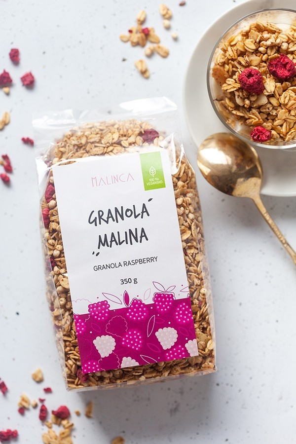 Homemade granola with raspberries 